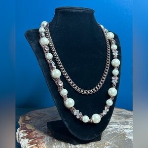 Givenchy Vintage Couture Bronze Necklace with Pearls and Rhinestones